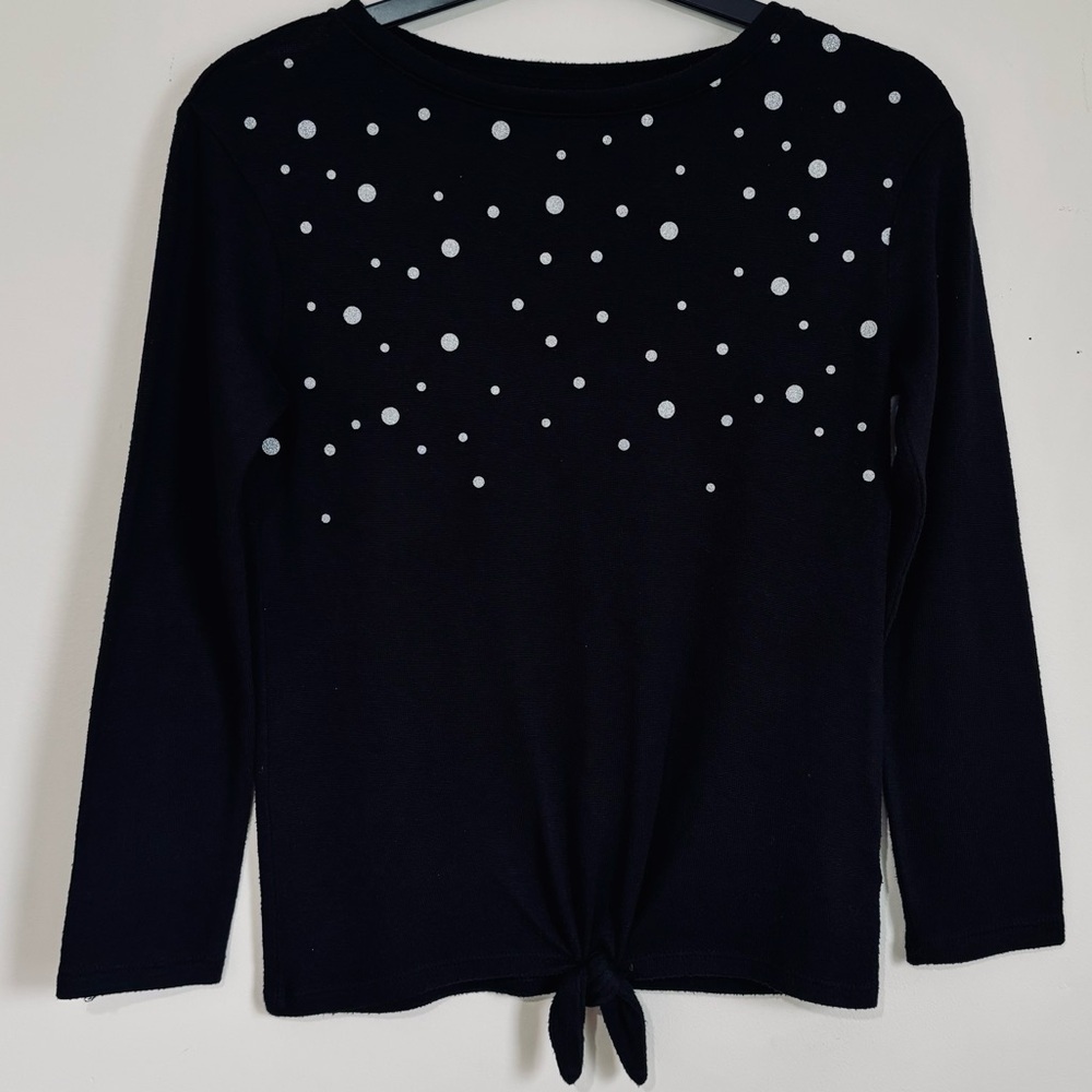 Cat & Jack kids girls M 7/8 silver dots black tie front preppy pullover sweater